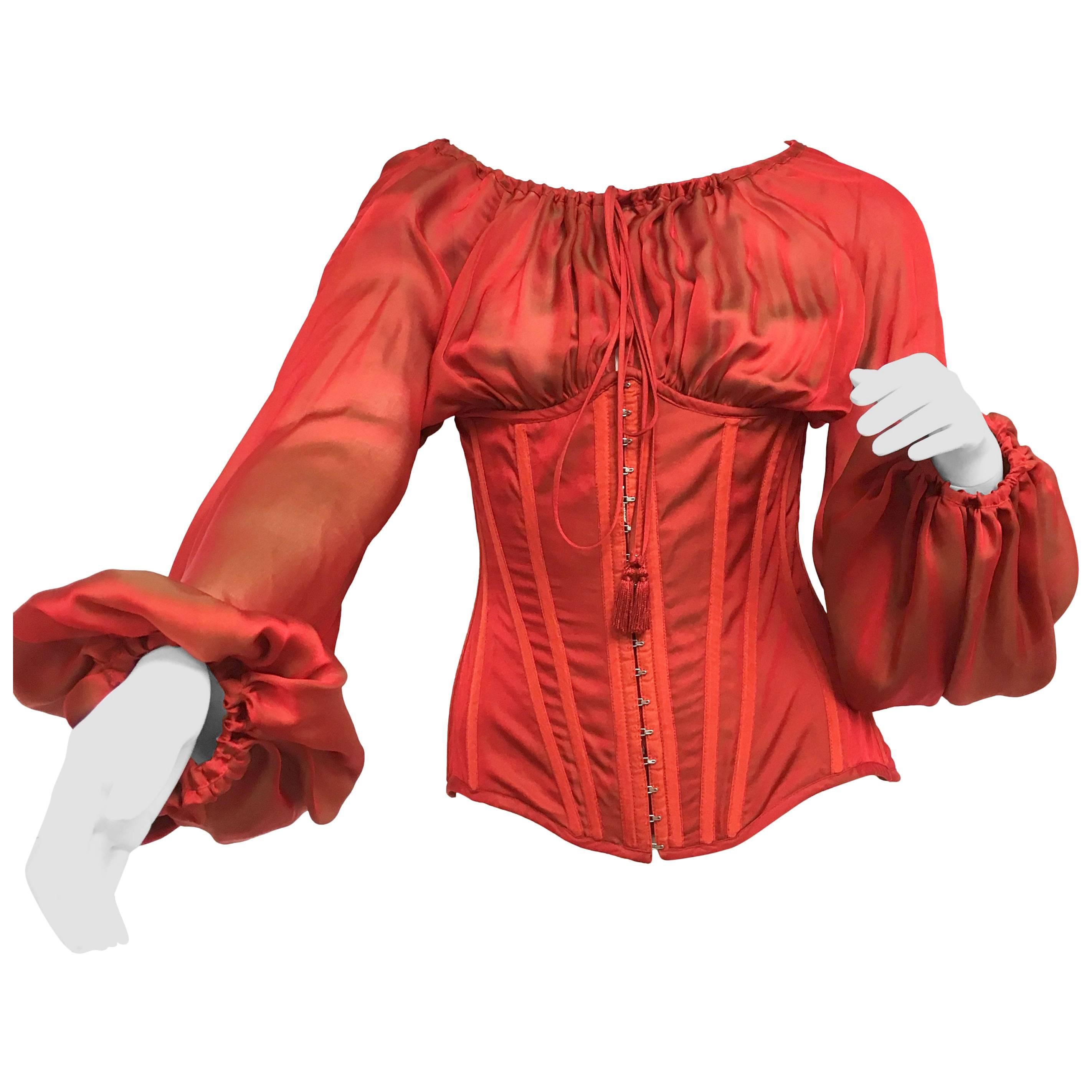 Gorgeous Jean Paul Gaultier Lace Up Corset Red Silk Blouse New For Sale