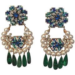 Shourouk Pearl, Blue and Green Cara Clip Earrings