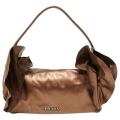 Prada Metallic Bronze Leather Ruffle Trim Flap Clutch