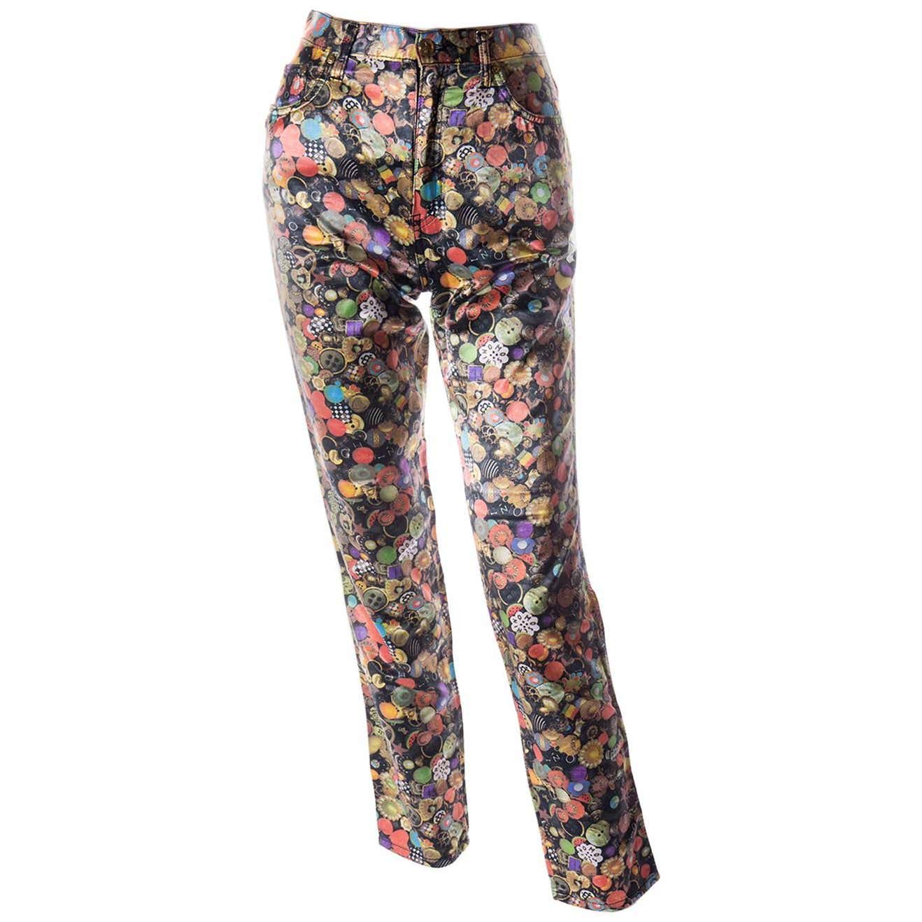 Moschino Button Print Novelty Satin Jeans For Sale at 1stDibs