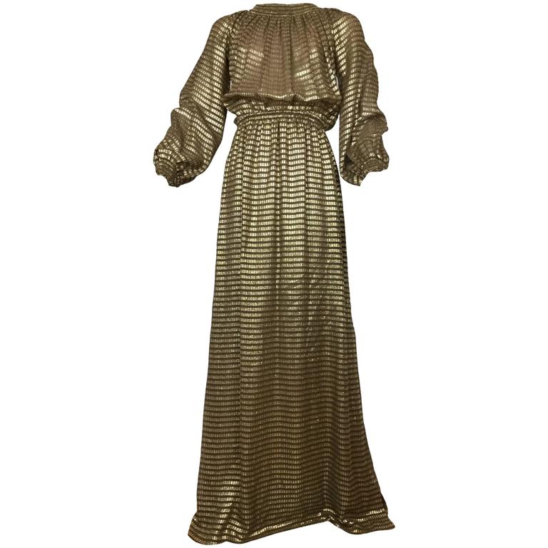 Fall 1979 Incredible Halston Gold & Blue Metallic Silk Dress main image 1