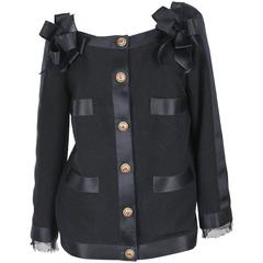 2011A Chanel Wool Boucle Jacket w/Blk Satin Ribbon Trim & Gripoix Buttons FR 38