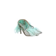 Used Green Ostrich Feather Satin Slingbacks