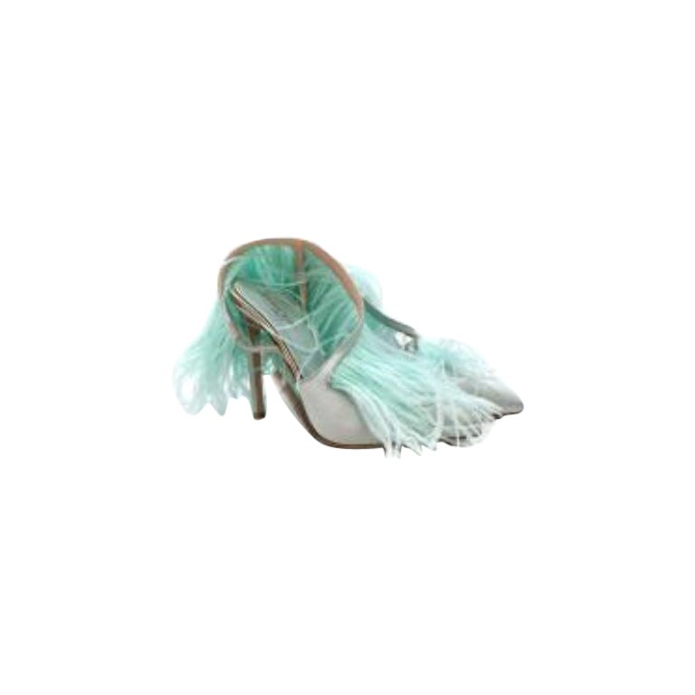 Green Ostrich Feather Satin Slingbacks For Sale