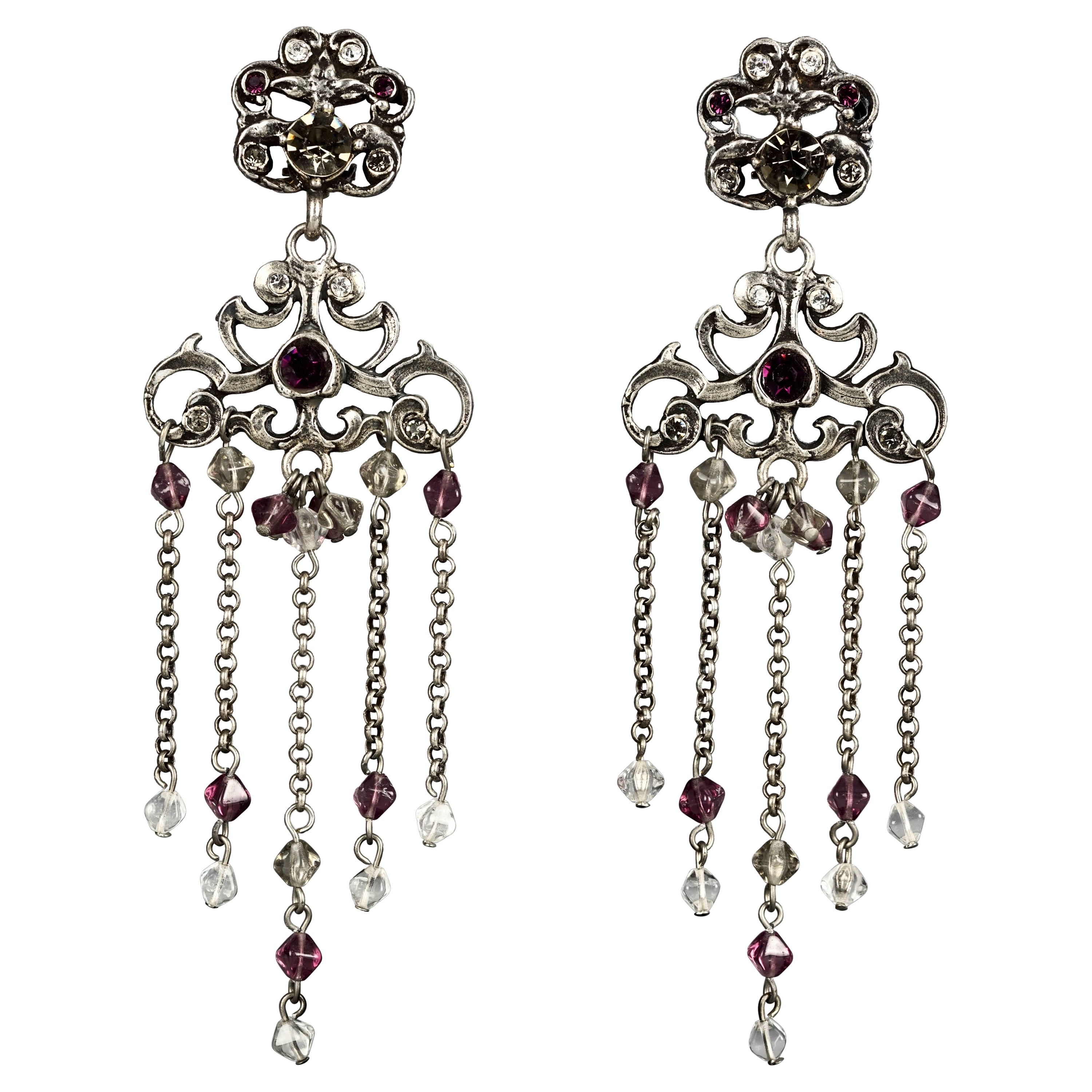 Vintage TON PASCAL Jewelled Baroque Cascading Chain Dangling Earrings For Sale