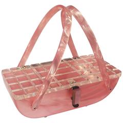 Rare pink marbled lucite purse handbag with carved lid
