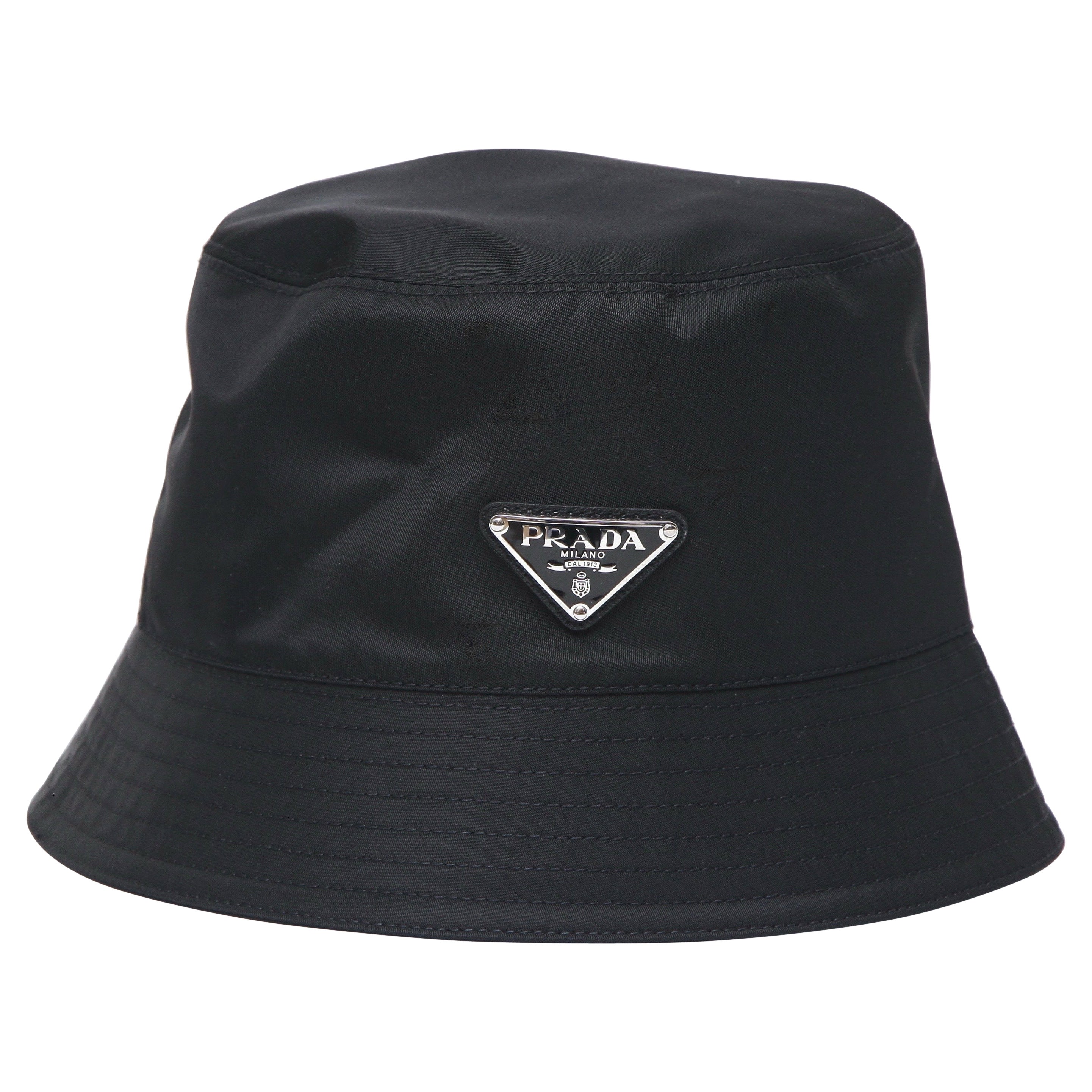 PRADA Black Bucket Hat Re-Nylon Silver Metal Logo Recycled Sz M $695 For  Sale at 1stDibs