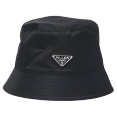 PRADA Black Bucket Hat Re-Nylon Silver Metal Logo Recycled Sz M $695