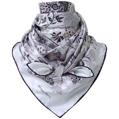 Hermes Silk Scarf Fleurs et Papillons de Tissus White Pink Grey 90 cm