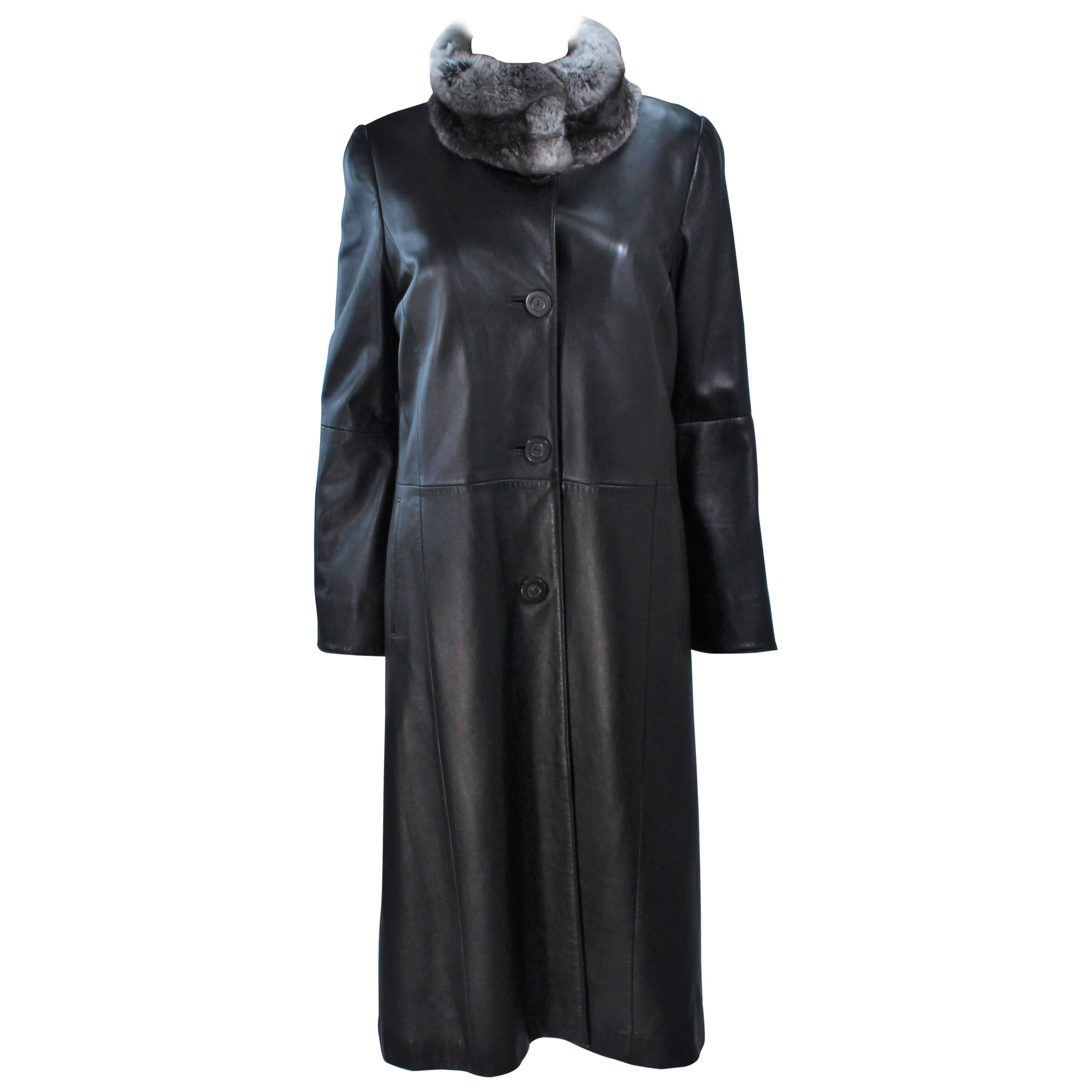 CAROLINA HERRERA Black Leather Coat with Mink Lining and Rex Rabbit Collar 6 8