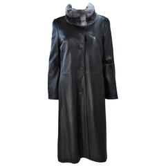 CAROLINA HERRERA Black Leather Coat with Mink Lining and Rex Rabbit Collar 6 8 1