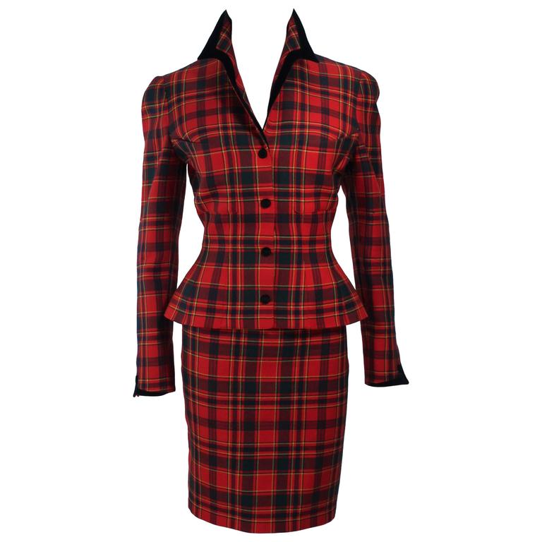 THIERRY MUGLER Plaid Skirt Suit with Velvet Trim Size 38 For Sale at ...
