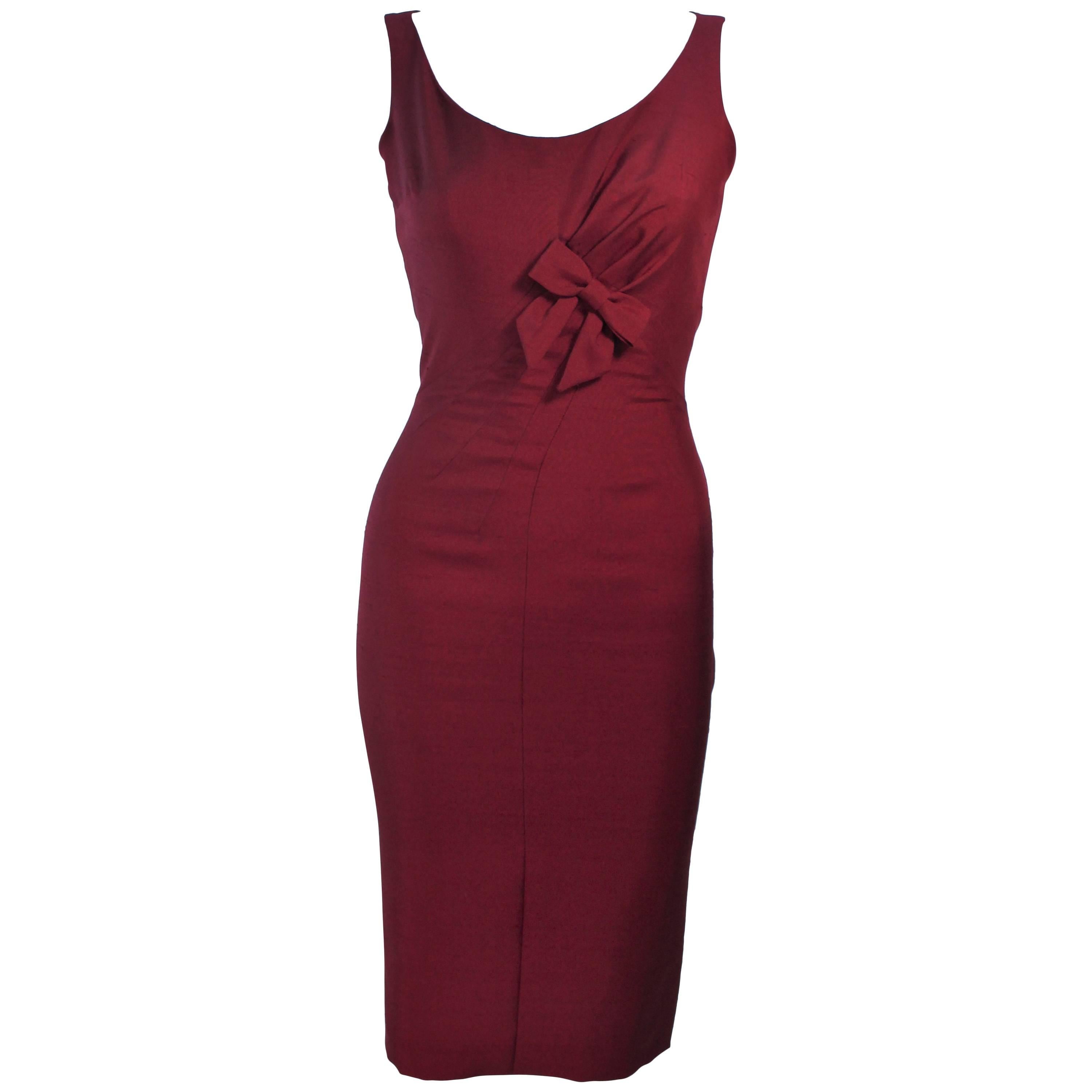 ELIZABETH MASON COUTURE Burgundy Silk Cocktail Dress with Bow Made to Order For Sale