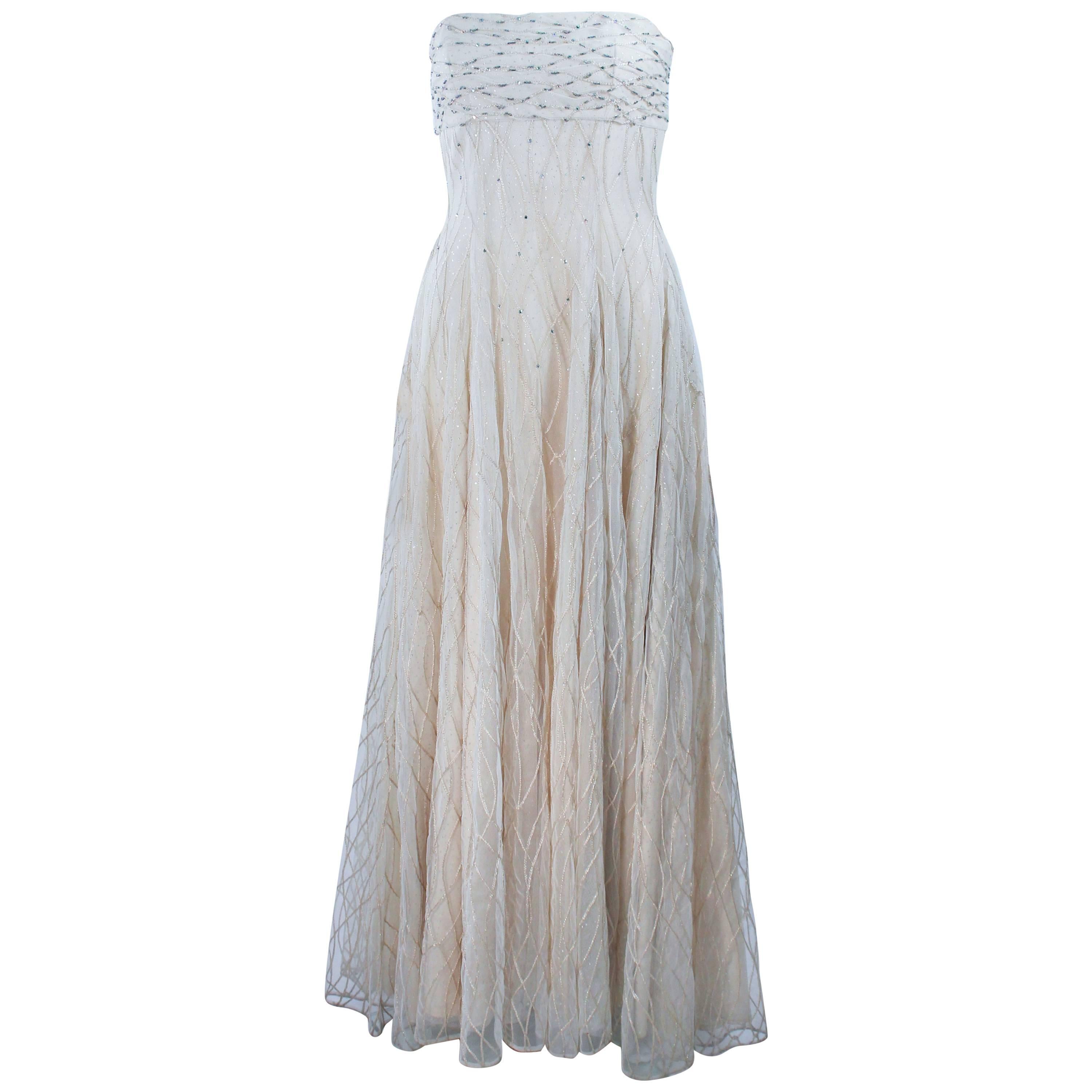 VICTOR COSTA Off White Iridescent Strapless Beaded Gown Size 2 4