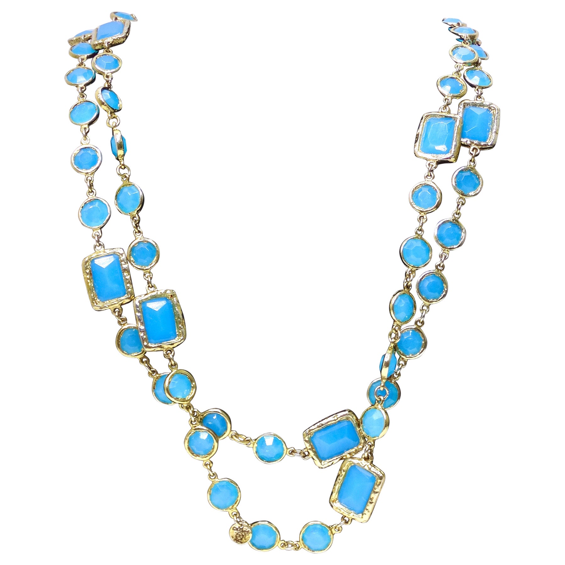 Chanel Gold & Turquoise Gripoix Long Sautoir Chiclet Necklace