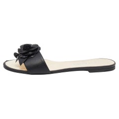 Chanel Black Leather Camellia Slide Flat Sandals Size 37.5