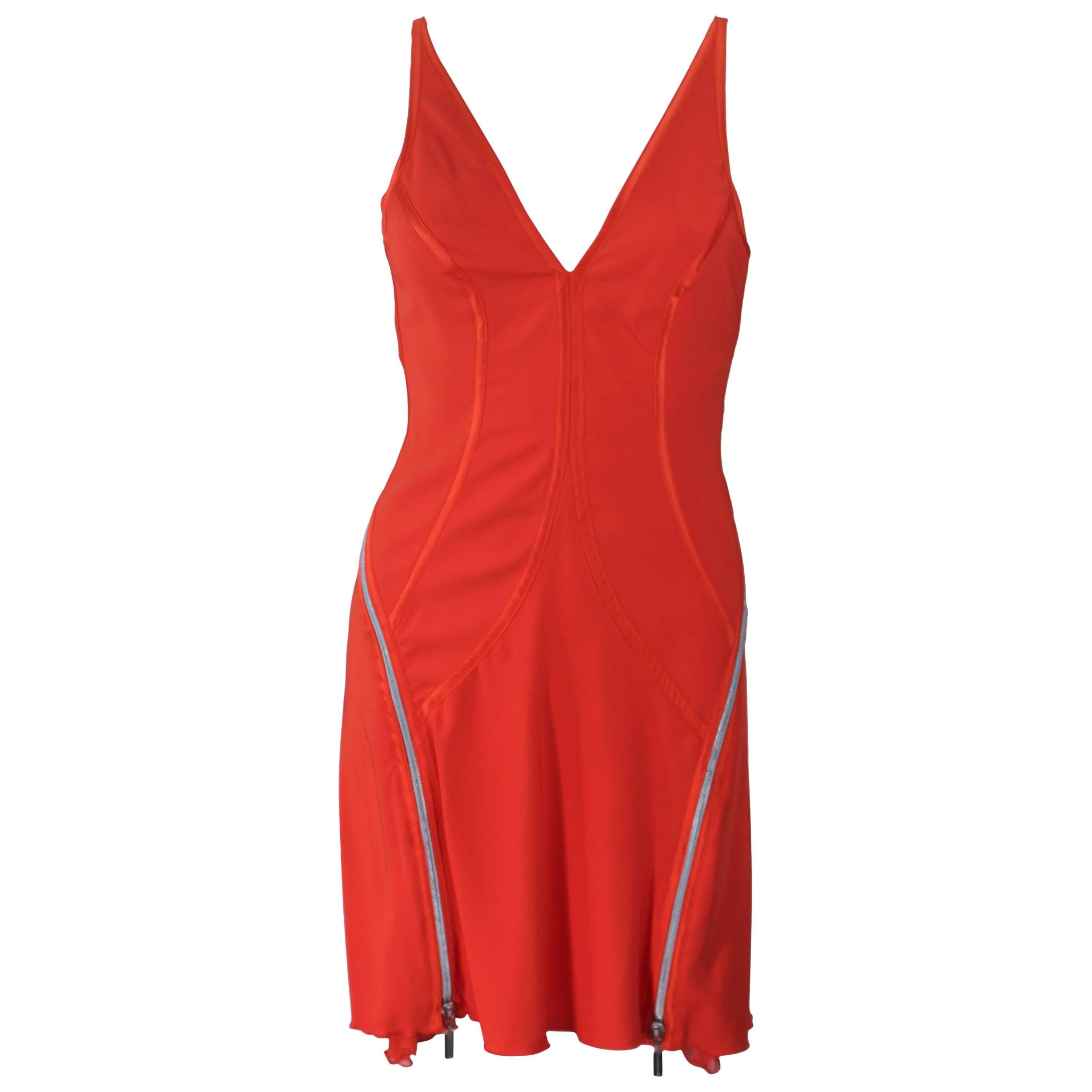 MONTANA BLU Orange Stretch Silk Zipper Dress with Open Back Size 2 For Sale