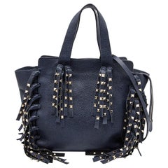 Valentino Blaue Leder-C-Rockee-Tasche mit Fransen