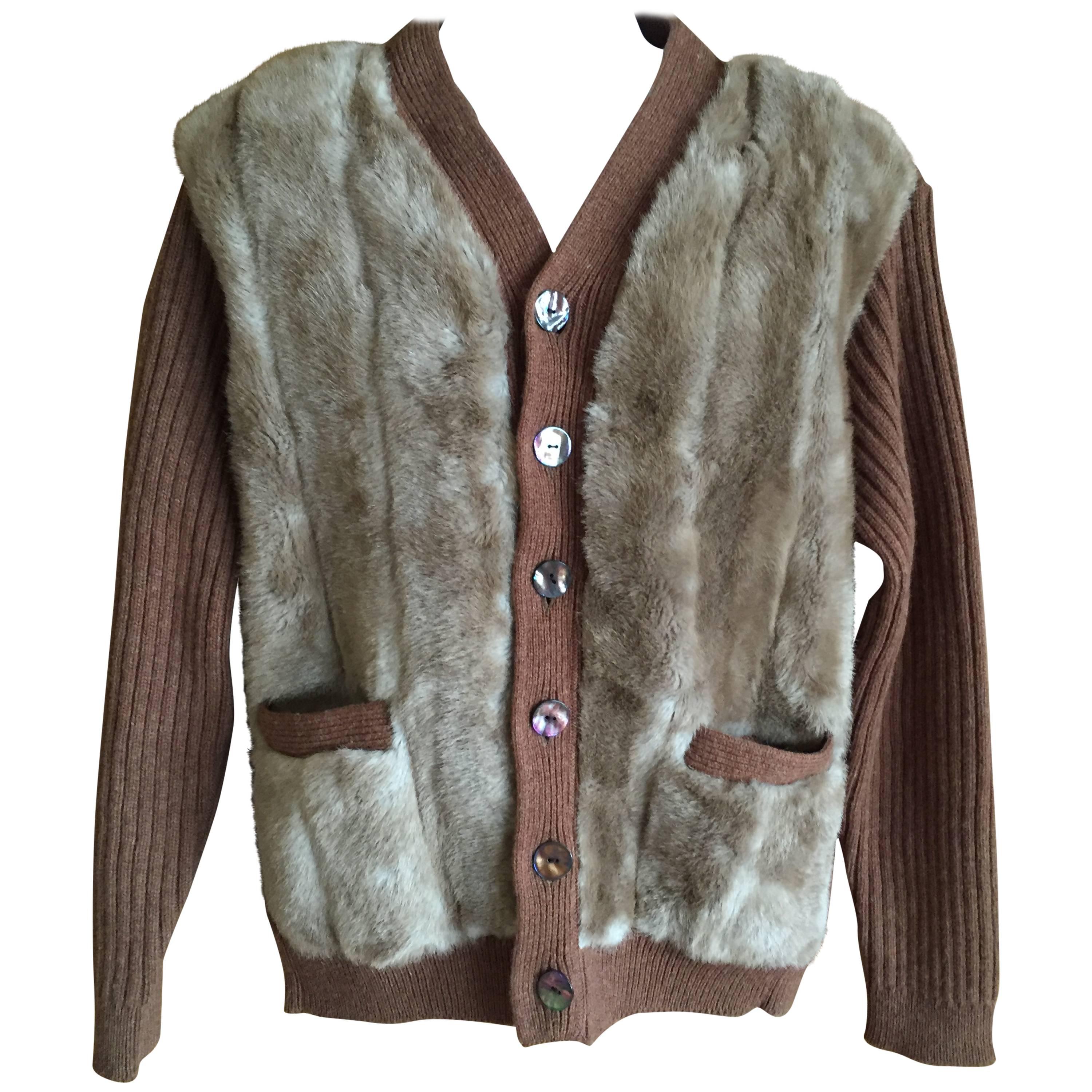 Jean Paul Gaultier Men's Cardigan Sweater with Faux Fur Front Size L