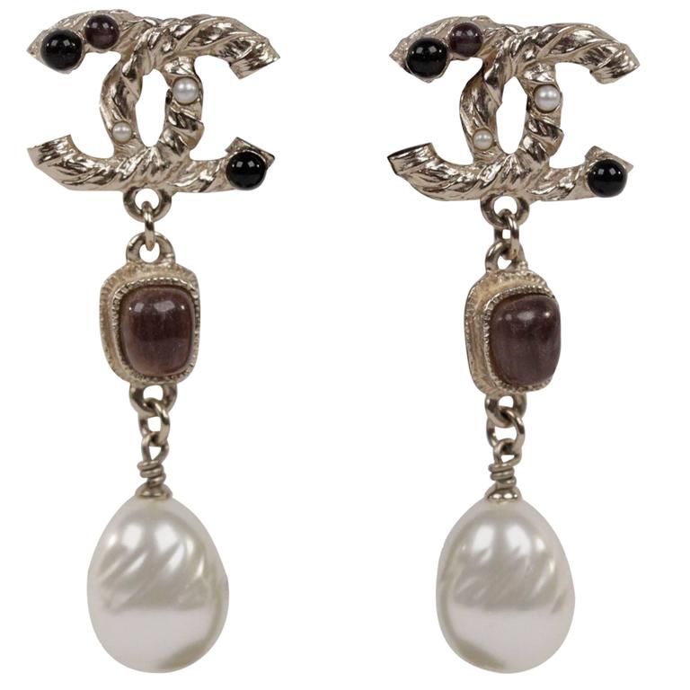 CHANEL Gold Metal CC Top PIERCED EARRINGS w/ Brown Stones and Pearl ...