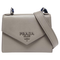 Used Prada Grey Saffiano Cuir Leather Envelope Flap Shoulder Bag