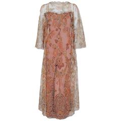 1970 Molyneux Haute-Couture Metallic Floral Lace & Crepe Bell-Sleeve Jumpsuit 11