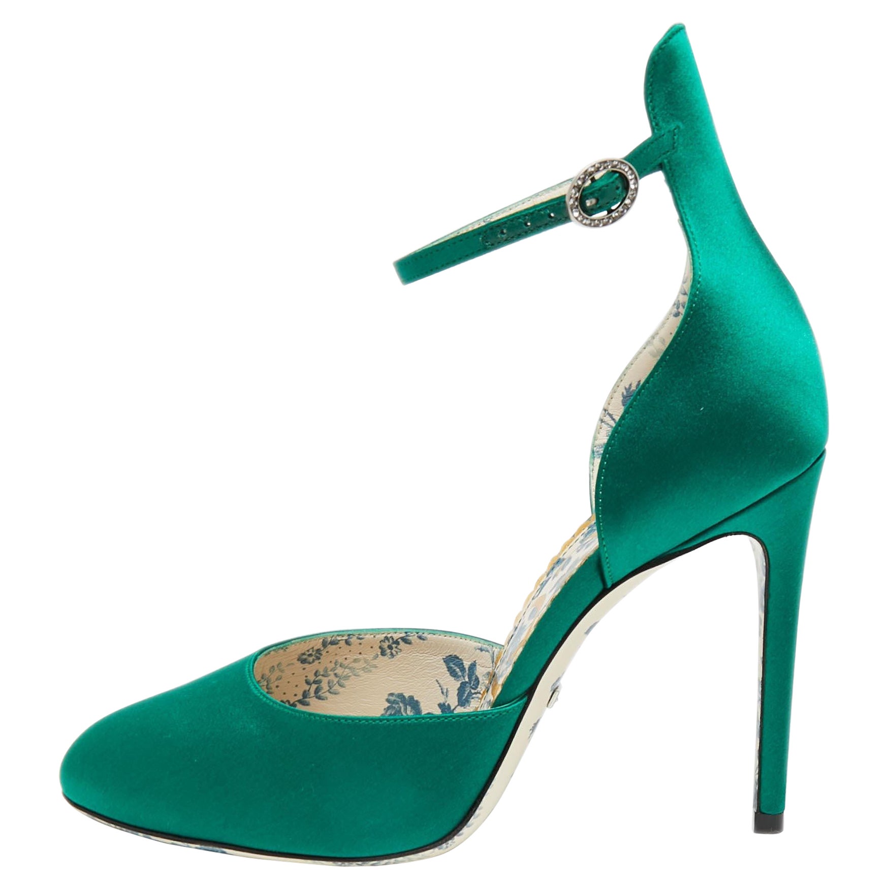 Gucci Green Satin Daisy Ankle-Strap Pumps Size 37.5