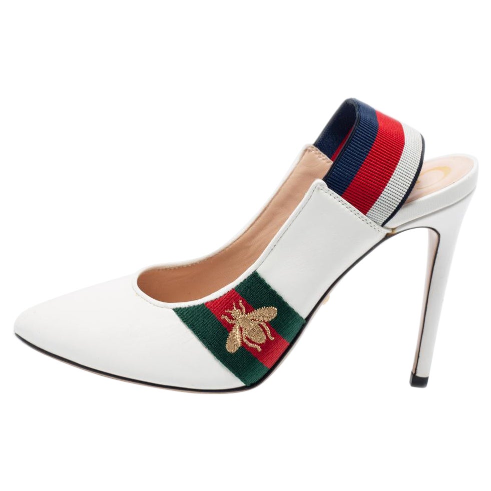 Gucci Off-White Leather Web Sylvie Slingback Pumps Size 37