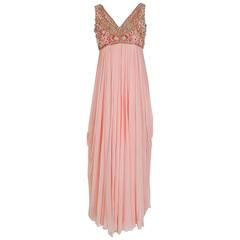 1960's Helen Rose Beaded Rhinestone Pink Chiffon Draped Grecian Goddess Dress