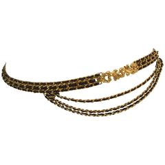 Chanel Gold tone Black Leather Belt