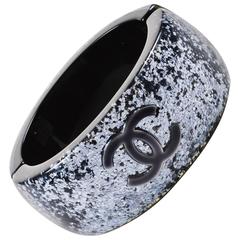 Chanel 12A Black Silver Lucite 'CC' Glitter Embellished Bangle Bracelet