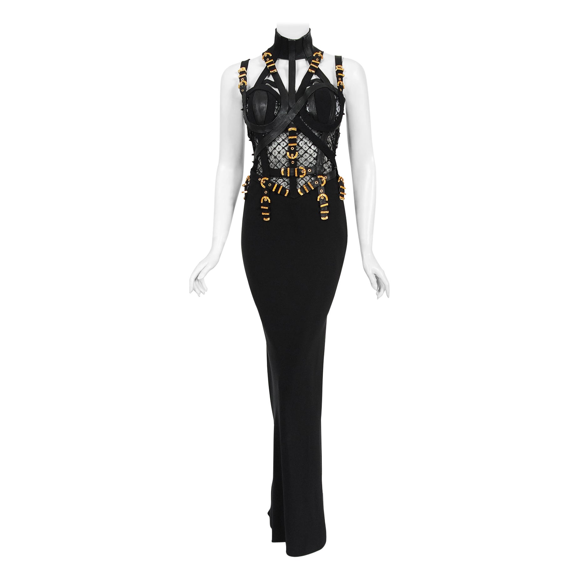 Iconic 1992 Gianni Versace Couture Documented Black Bondage Silk Leather Gown  For Sale