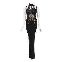 Iconic 1992 Gianni Versace Couture Documented Black Bondage Silk Leather Gown