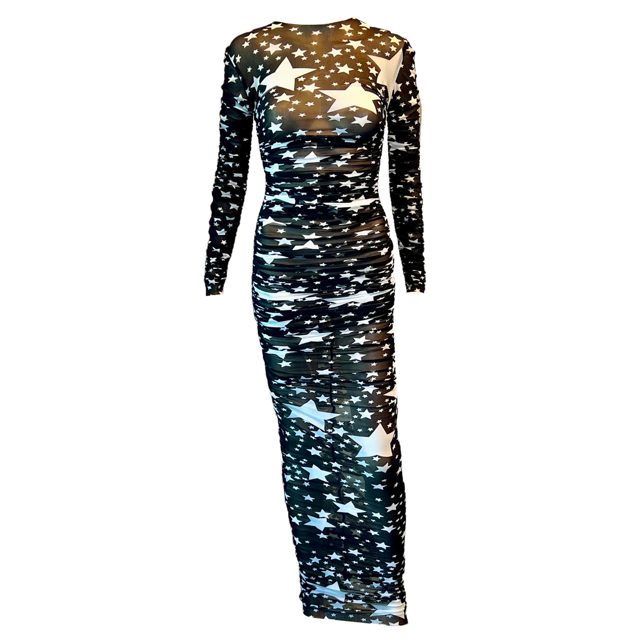 Dolce & Gabbana F/W 2011 Runway Star Print Sheer Mesh Ruched Maxi Evening Dress