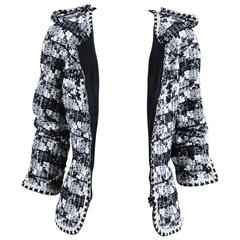 Chanel Black White Navy Tweed Bead Trim Cropped Sleeve Tailored Zip Jacket