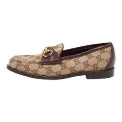 Gucci Brown/Beige GG Canvas And Leather Horsebit Web Slip On Loafers Size 37