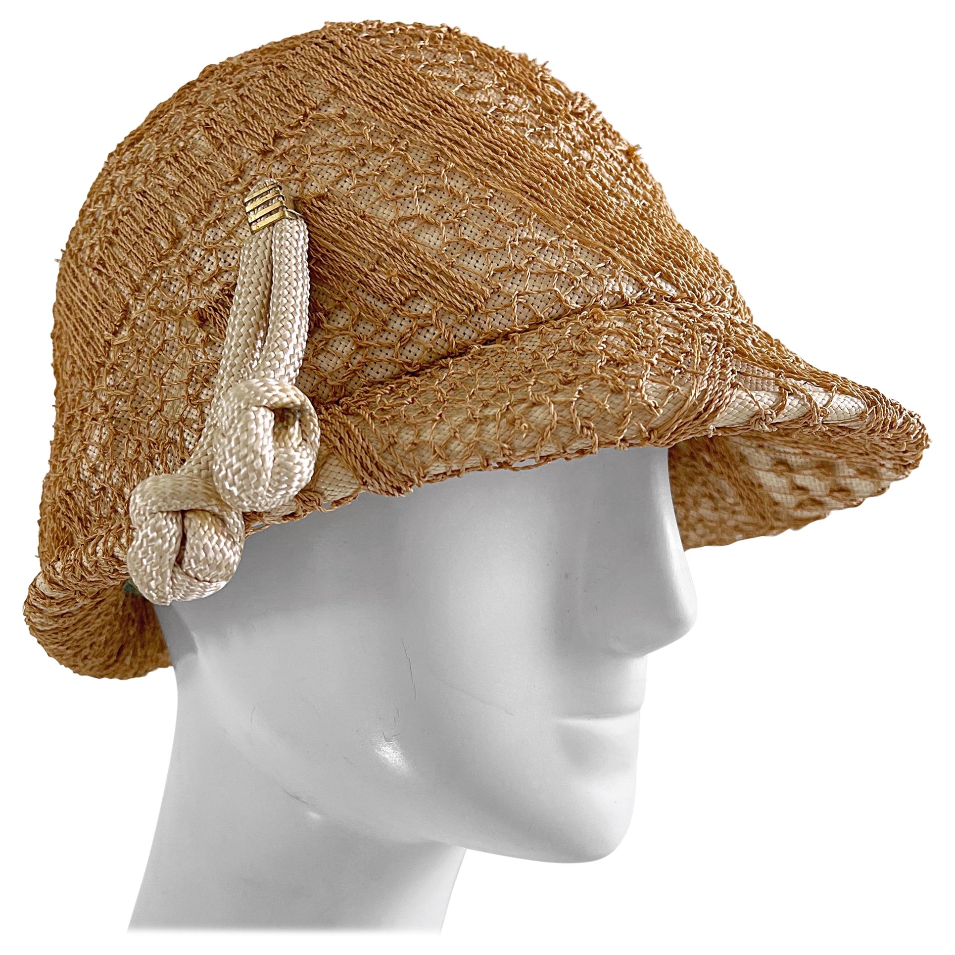 1960s Yves Saint Laurent YSL Tan Woven Raffia Vintage 60s Straw Cloche Hat 