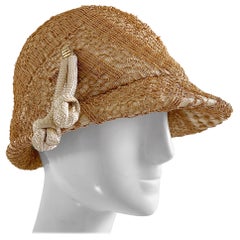 1960s Yves Saint Laurent YSL Tan Woven Raffia Vintage 60s Straw Cloche Hat 