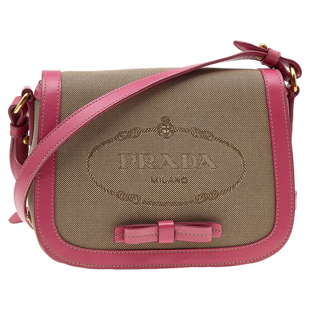 Prada Beige/Pink Canvas and Leather Crossbody Bag