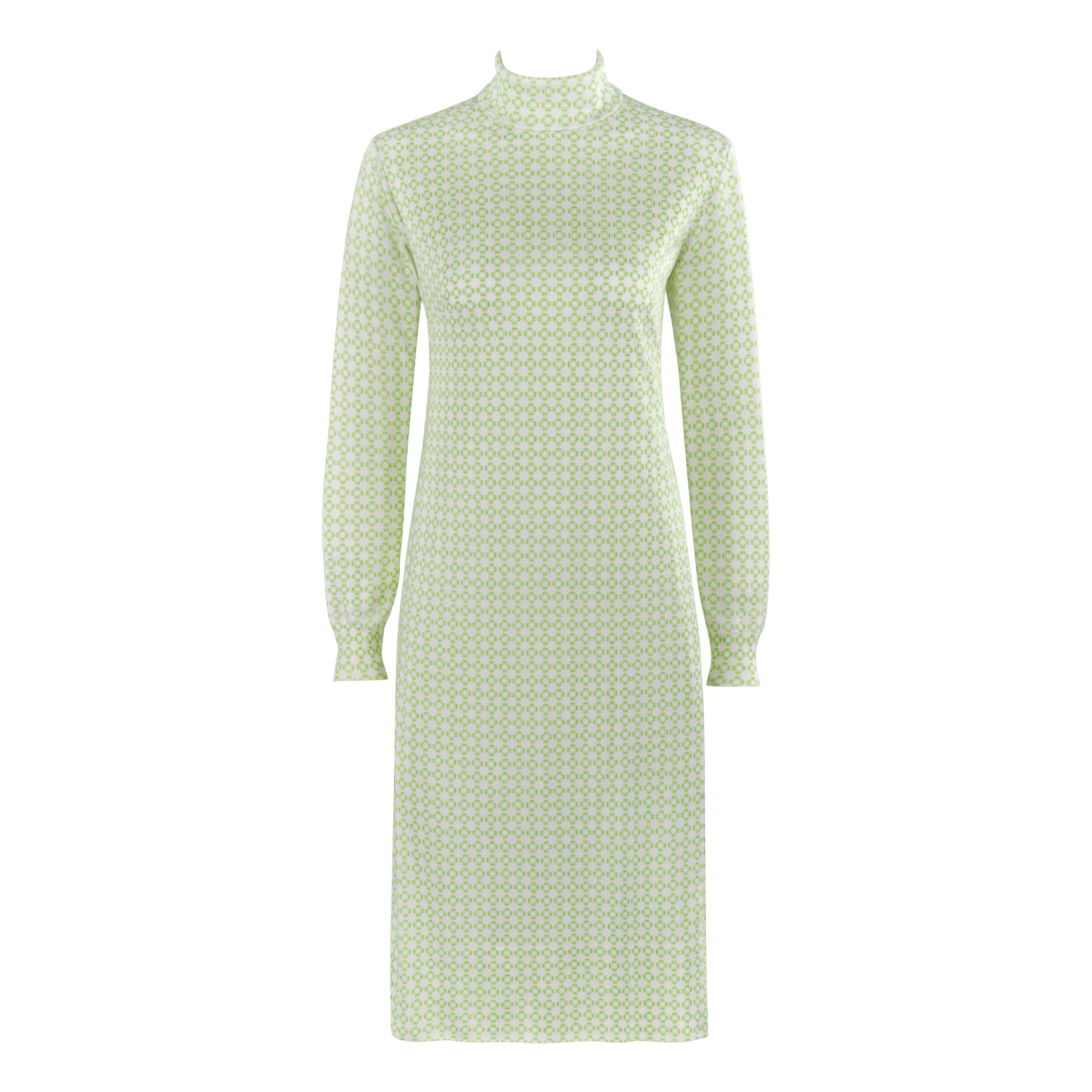 HERMES c.1970s Green White Printed Knit Long Sleeve Turtleneck Midi Dress