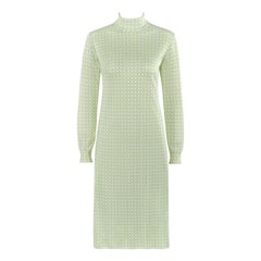 HERMES c.1970s Green White Printed Knit Long Sleeve Turtleneck Midi Dress