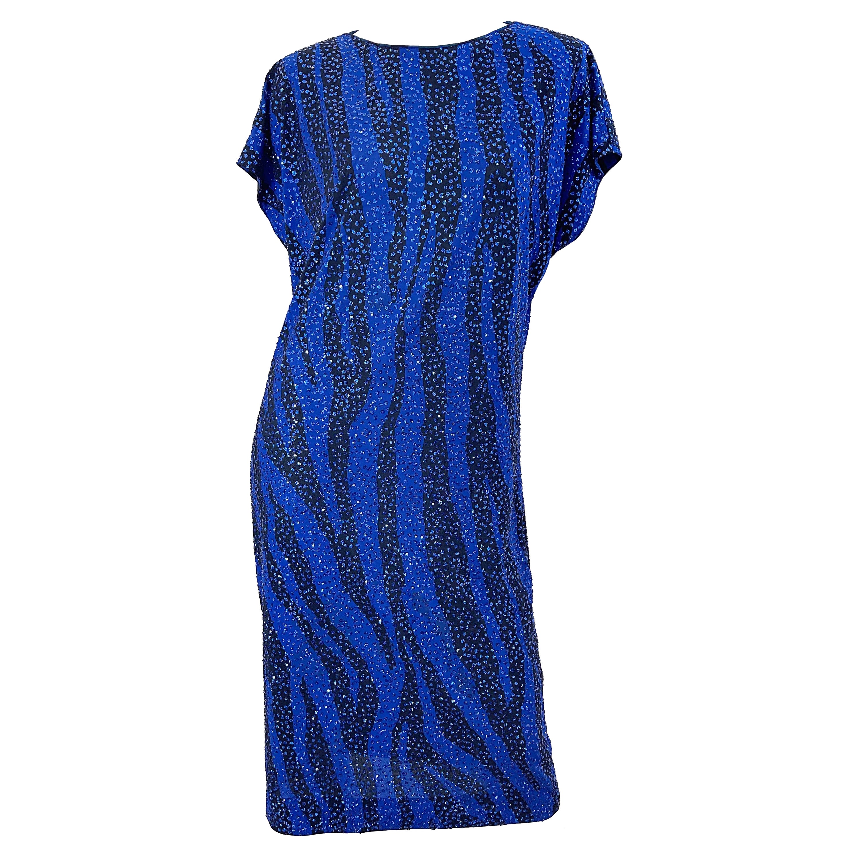 Neiman Marcus 80s Royal Blue Black Zebra Animal Print Glitter Caftan Midi Dress For Sale