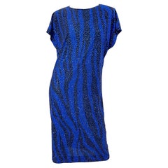 Neiman Marcus 80s Royal Blue Black Zebra Animal Print Glitter Caftan Midi Dress