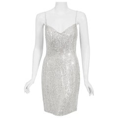 1990 Michael Kors Documented Madonna Beaded Silver Rhinestone Mini Slip Dress