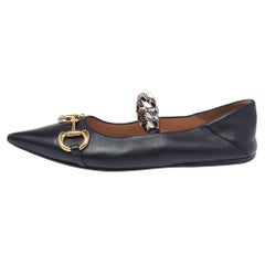 Gucci Black Leather Mary Jane Horsebit Pointed Toe Ballet Flats Size 37.5