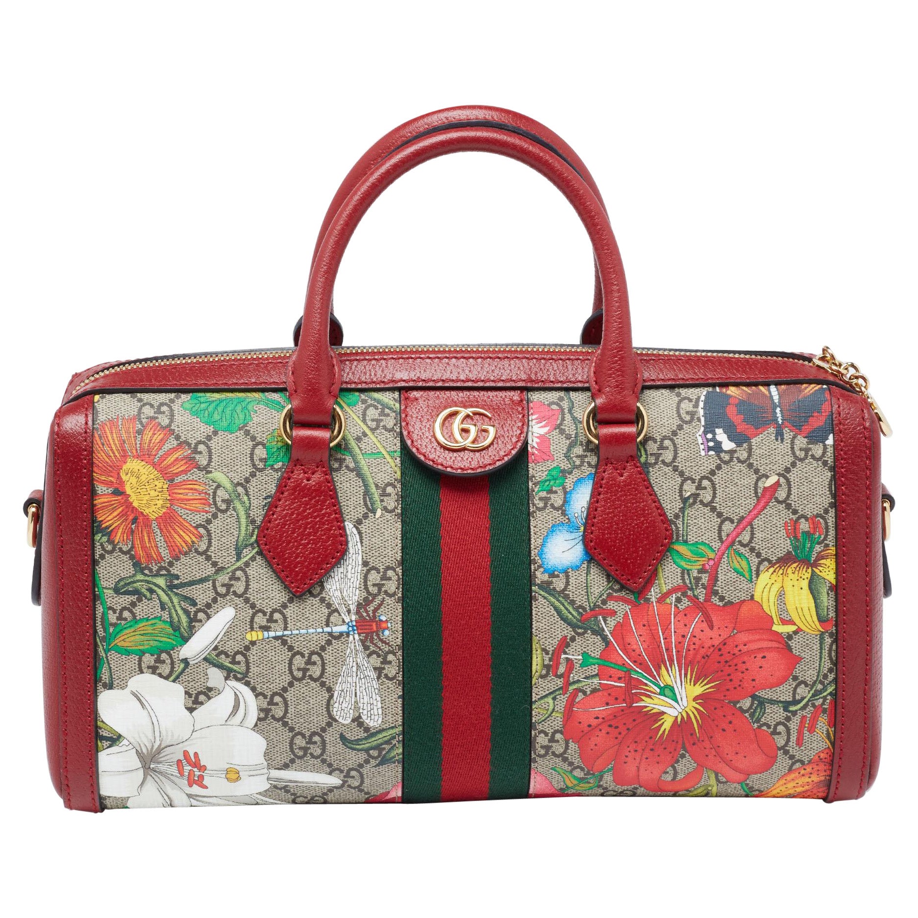 Gucci Red/Beige GG Supreme Flora Canvas and Leather Medium Ophidia Boston Bag
