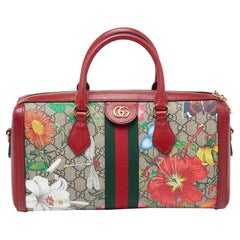 Gucci Red/Beige GG Supreme Flora Canvas and Leather Medium Ophidia Boston Bag