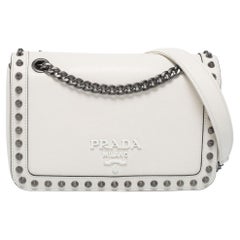 Used Prada Off White Leather Studded Flap Shoulder Bag