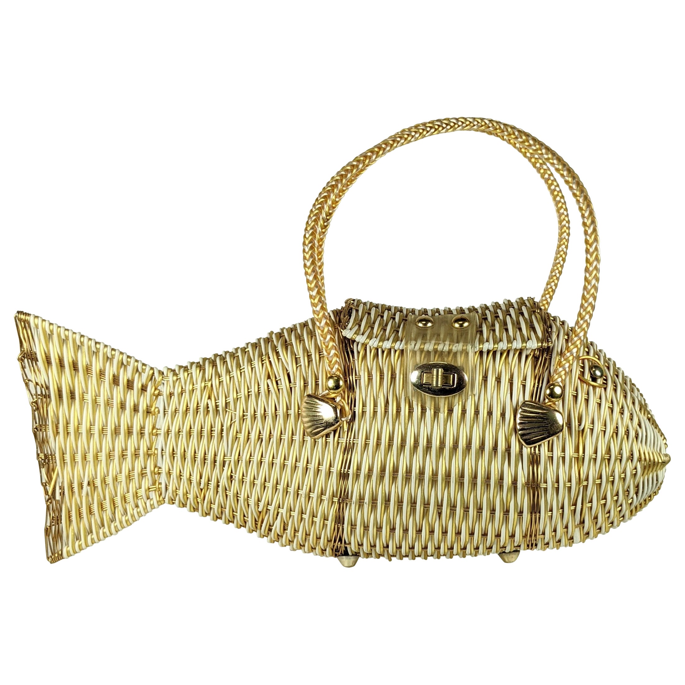 Charming 1960's Woven Figural Fish Bag For Sale