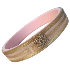 Chanel Light Pink and Gold Tone Metallic Bangle Bracelet